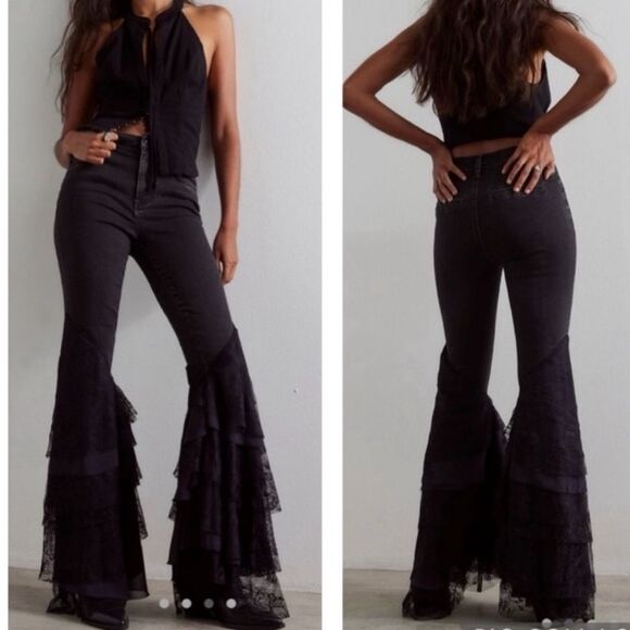 We The Free Free People Mystique Lace Flare Jeans Black Size 24 - Picture 2 of 15